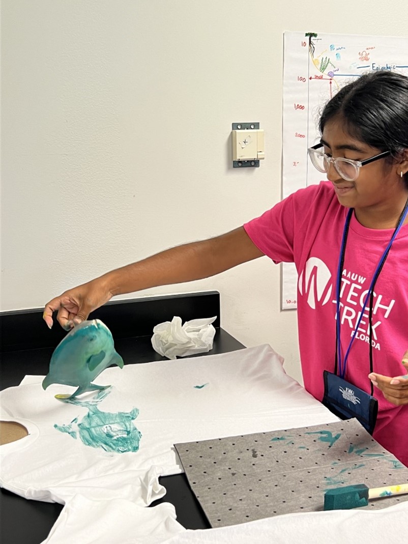 A Tech Trek camper fish prints her own T-shirt.